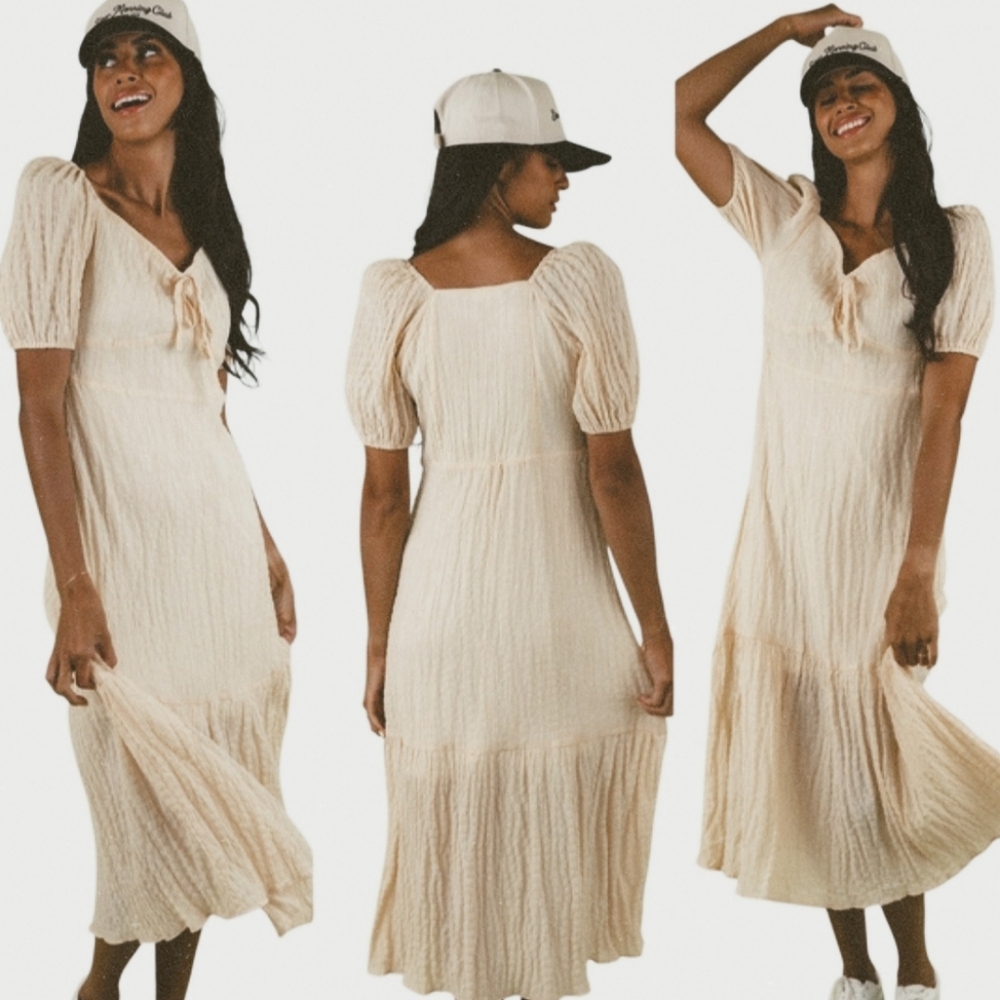ROOLEE POLAGRAM PUFF SLEEVE TIE FRONT CREAM TEXTURED TIERED HEM MIDI DRESS LARGE